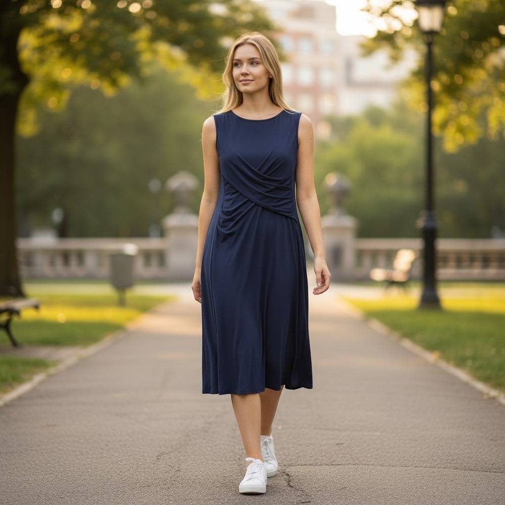 KUT from the Kloth Navy Blue Ruched‎ Faux Wrap Sleeveless Midi Dress 2P Made USA